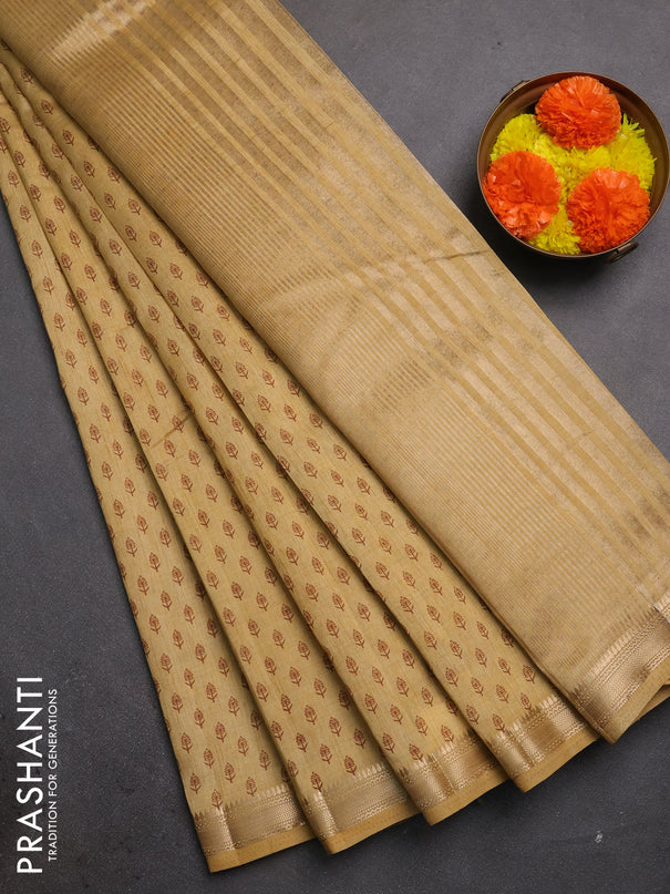 Semi raw silk saree dark sandal with allover butta prints and zari woven border