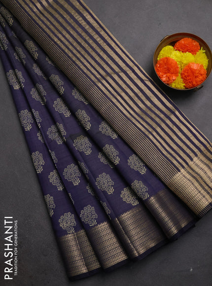 Semi raw silk saree navy blue with allover floral butta prints and zari woven border