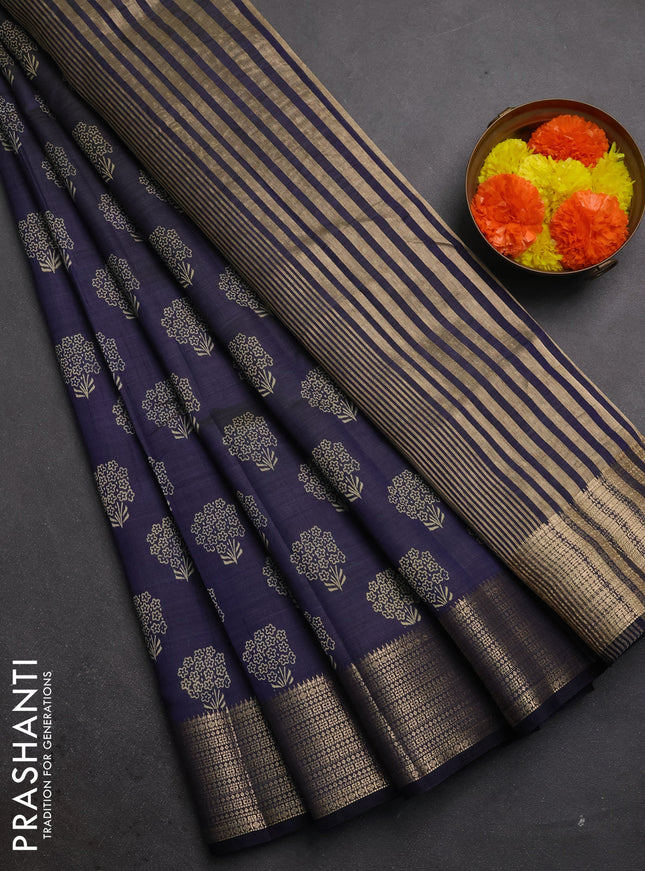 Semi raw silk saree navy blue with allover floral butta prints and zari woven border