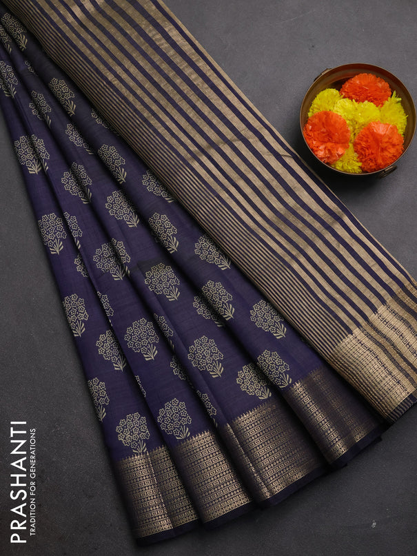 Semi raw silk saree navy blue with allover floral butta prints and zari woven border