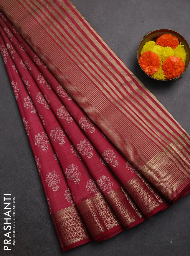 Semi raw silk saree maroon with allover floral butta prints and zari woven border