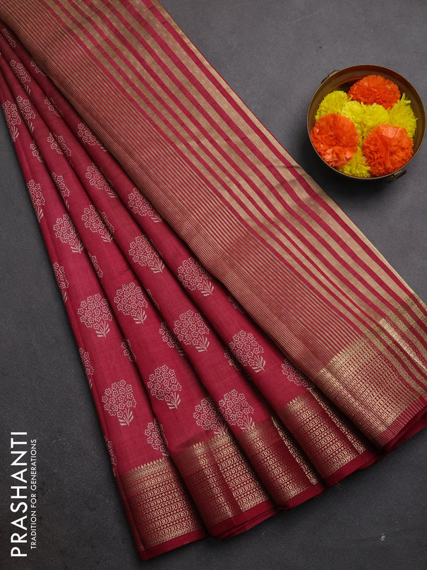Semi raw silk saree maroon with allover floral butta prints and zari woven border