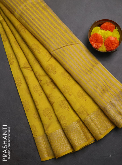 Semi raw silk saree mustard yellow with allover floral butta prints and zari woven border