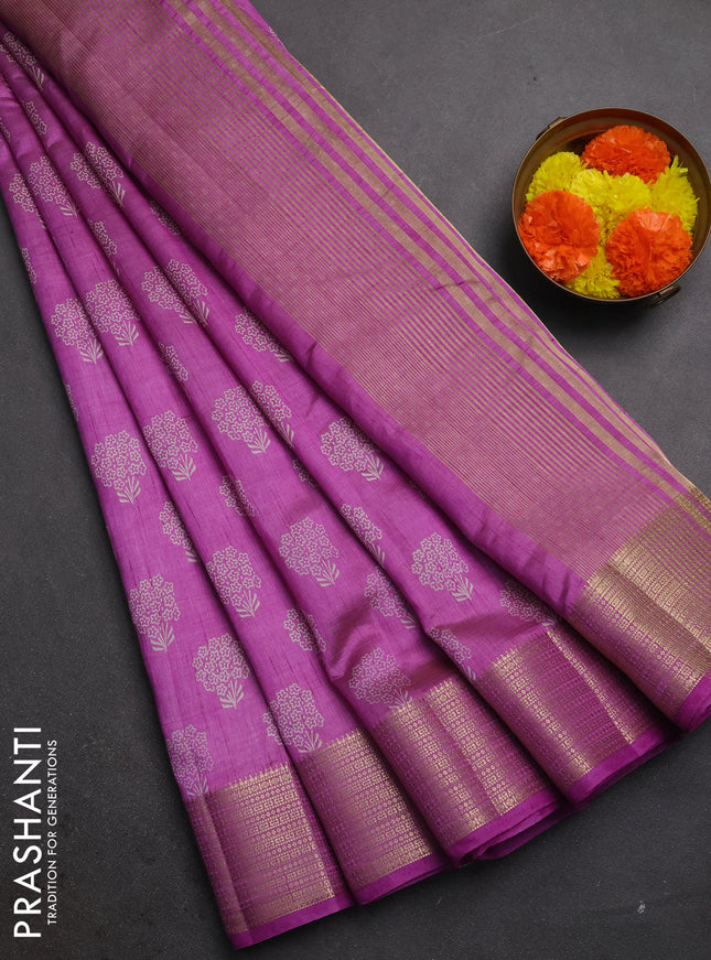 Semi raw silk saree lavender with allover floral butta prints and zari woven border
