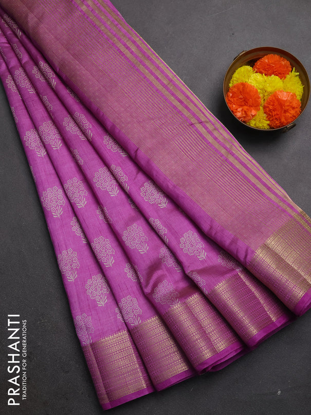 Semi raw silk saree lavender with allover floral butta prints and zari woven border