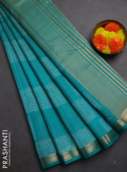 Semi raw silk saree teal green with allover box style butta prints and small zari woven border