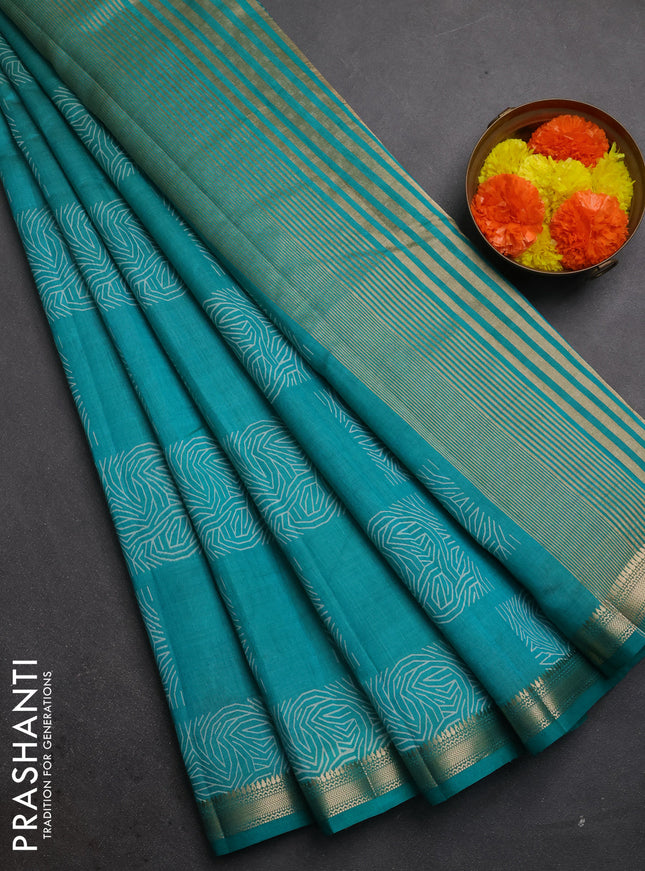 Semi raw silk saree teal green with allover box style butta prints and small zari woven border
