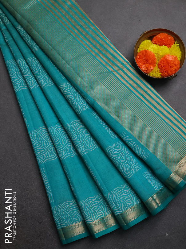 Semi raw silk saree teal green with allover box style butta prints and small zari woven border