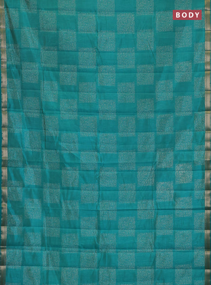 Semi raw silk saree teal green with allover box style butta prints and small zari woven border