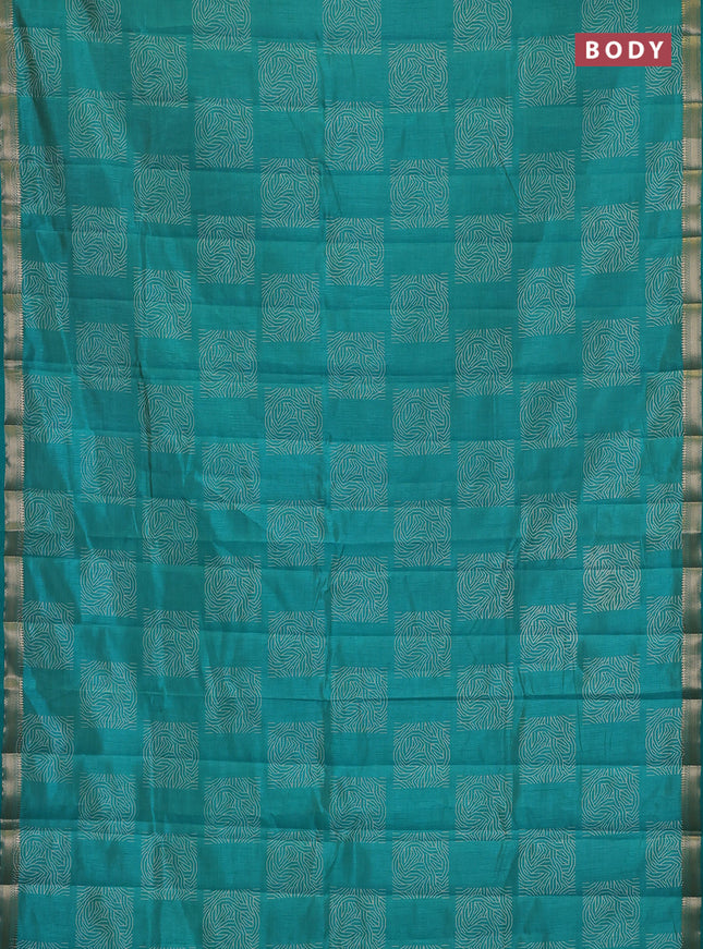 Semi raw silk saree teal green with allover box style butta prints and small zari woven border