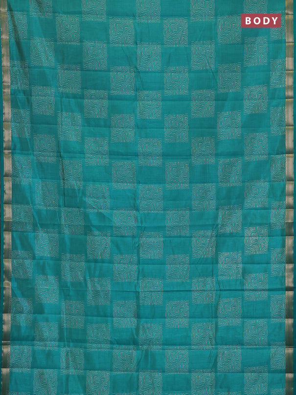 Semi raw silk saree teal green with allover box style butta prints and small zari woven border