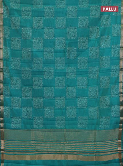 Semi raw silk saree teal green with allover box style butta prints and small zari woven border