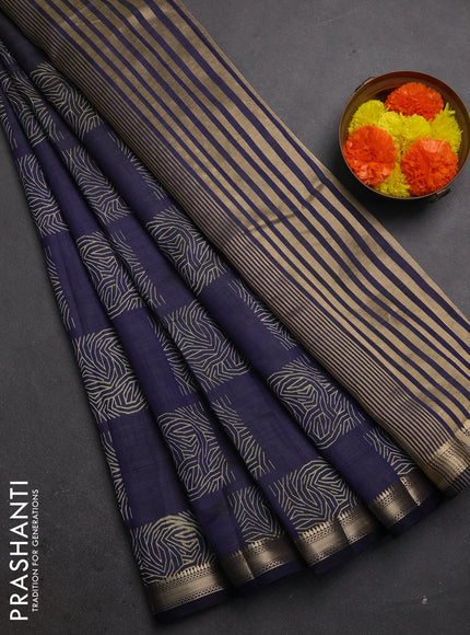 Semi raw silk saree navy blue with allover box style butta prints and small zari woven border