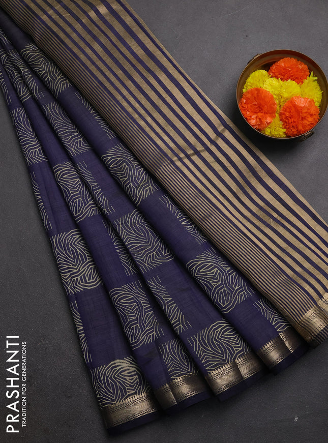 Semi raw silk saree navy blue with allover box style butta prints and small zari woven border