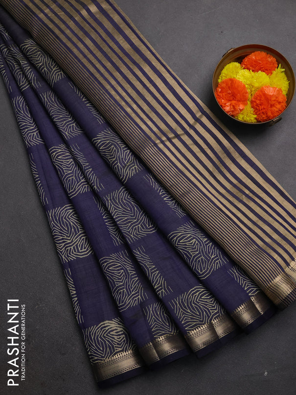 Semi raw silk saree navy blue with allover box style butta prints and small zari woven border