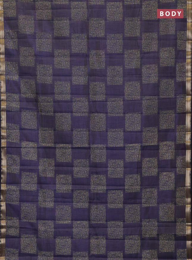 Semi raw silk saree navy blue with allover box style butta prints and small zari woven border