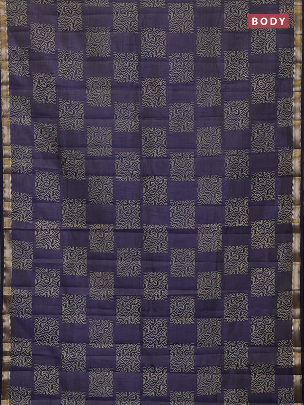 Semi raw silk saree navy blue with allover box style butta prints and small zari woven border
