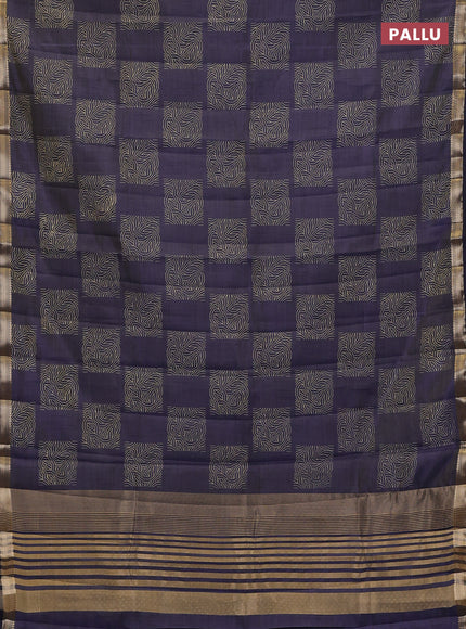 Semi raw silk saree navy blue with allover box style butta prints and small zari woven border