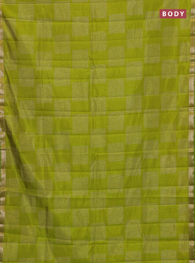 Semi raw silk saree light green with allover box style butta prints and small zari woven border