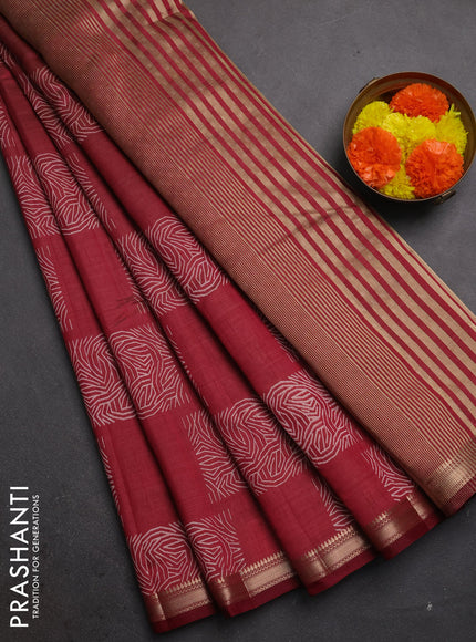 Semi raw silk saree maroon shade with allover box style butta prints and small zari woven border