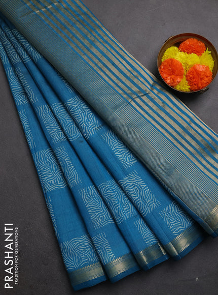 Semi raw silk saree peacock blue with allover box style butta prints and small zari woven border