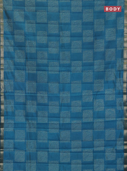 Semi raw silk saree peacock blue with allover box style butta prints and small zari woven border