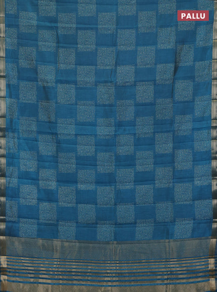 Semi raw silk saree peacock blue with allover box style butta prints and small zari woven border