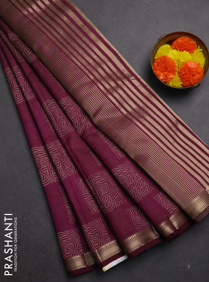 Semi raw silk saree wine shade with allover box style butta prints and small zari woven border