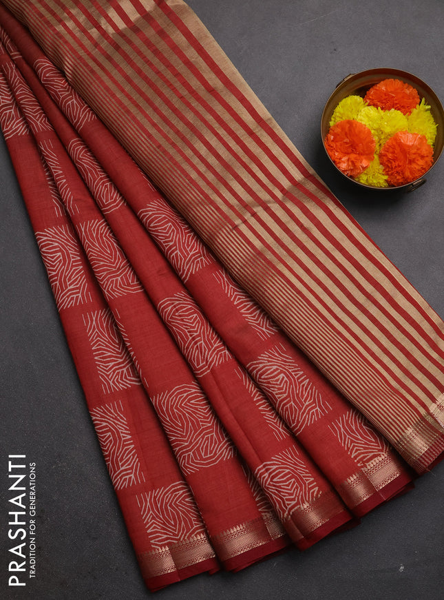 Semi raw silk saree rust with allover box style butta prints and small zari woven border