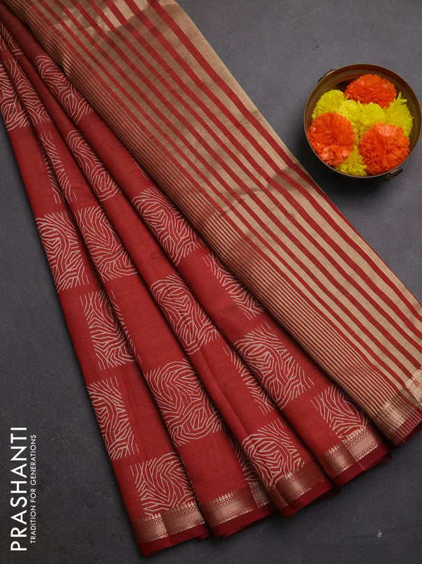 Semi raw silk saree rust with allover box style butta prints and small zari woven border