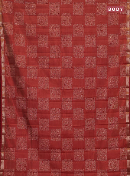 Semi raw silk saree rust with allover box style butta prints and small zari woven border