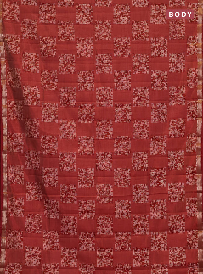 Semi raw silk saree rust with allover box style butta prints and small zari woven border