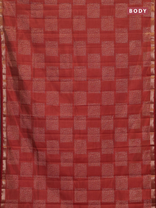 Semi raw silk saree rust with allover box style butta prints and small zari woven border