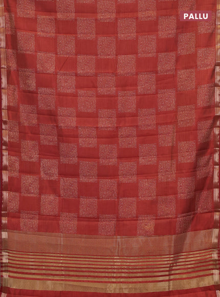 Semi raw silk saree rust with allover box style butta prints and small zari woven border