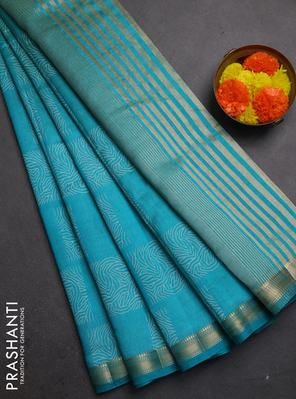 Semi raw silk saree teal blue with allover box style butta prints and small zari woven border