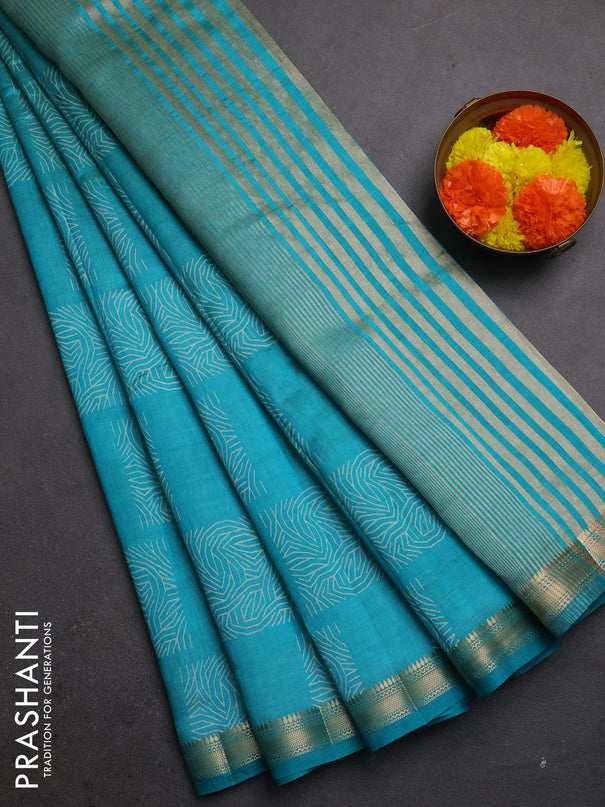 Semi raw silk saree teal blue with allover box style butta prints and small zari woven border