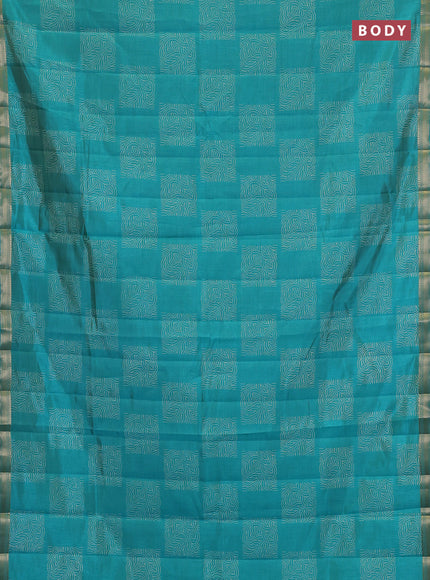 Semi raw silk saree teal blue with allover box style butta prints and small zari woven border
