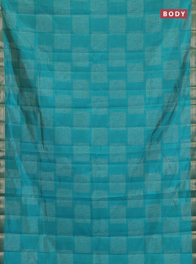 Semi raw silk saree teal blue with allover box style butta prints and small zari woven border