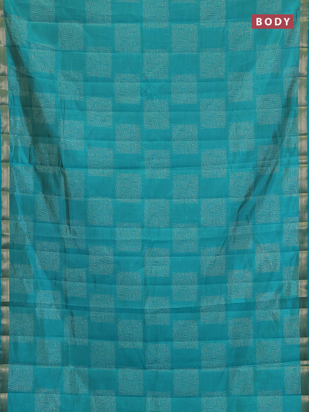 Semi raw silk saree teal blue with allover box style butta prints and small zari woven border