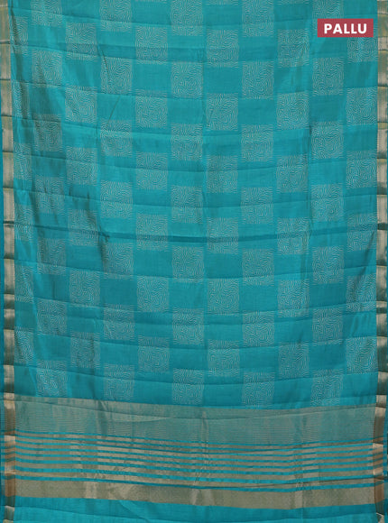 Semi raw silk saree teal blue with allover box style butta prints and small zari woven border