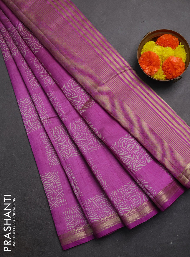 Semi raw silk saree lavender with allover box style butta prints and small zari woven border