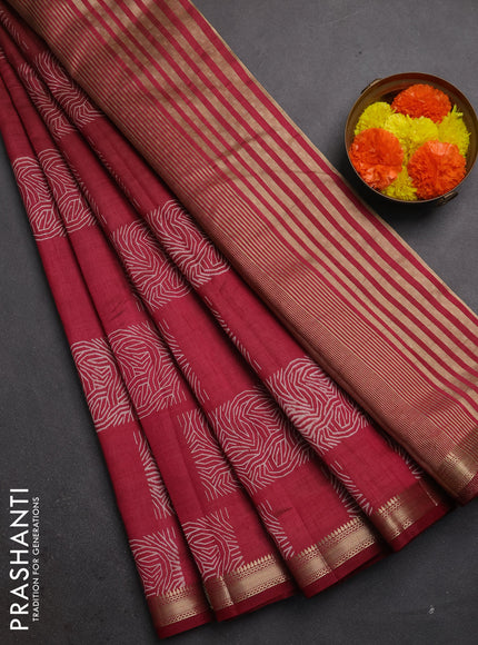 Semi raw silk saree maroon with allover box style butta prints and small zari woven border