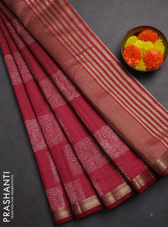 Semi raw silk saree maroon with allover box style butta prints and small zari woven border