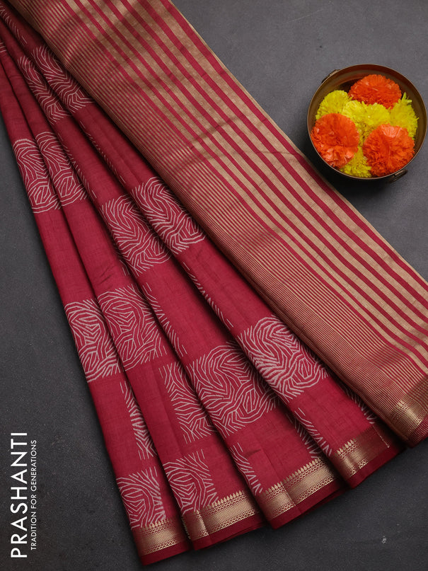 Semi raw silk saree maroon with allover box style butta prints and small zari woven border