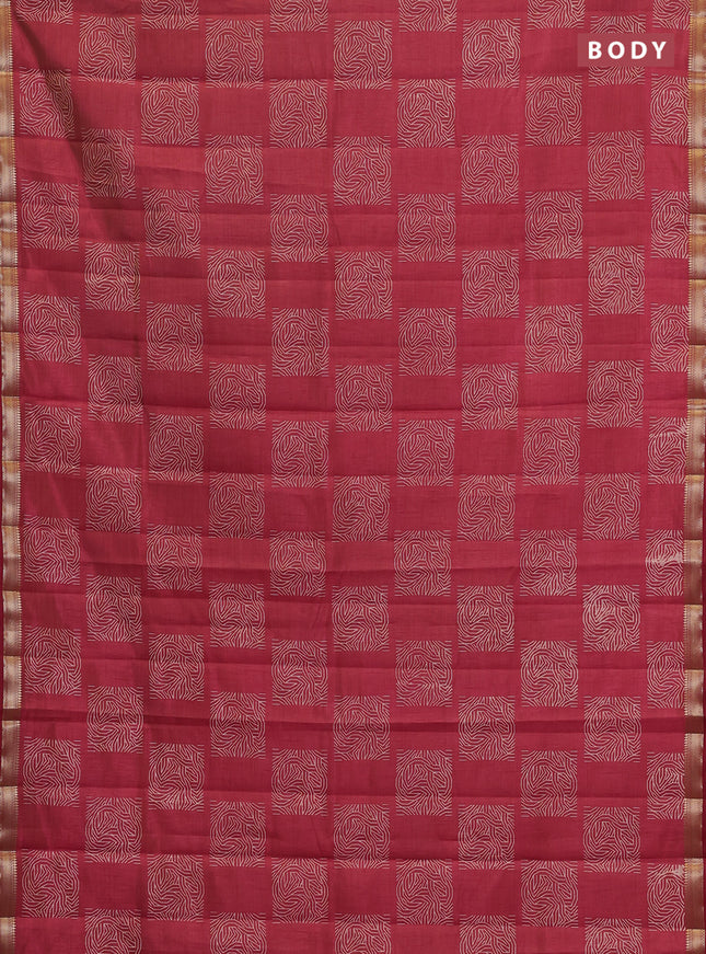 Semi raw silk saree maroon with allover box style butta prints and small zari woven border