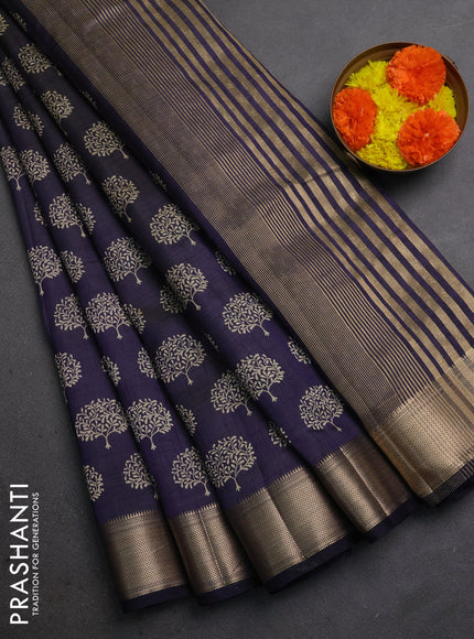 Semi raw silk saree navy blue with allover butta prints and zari woven border