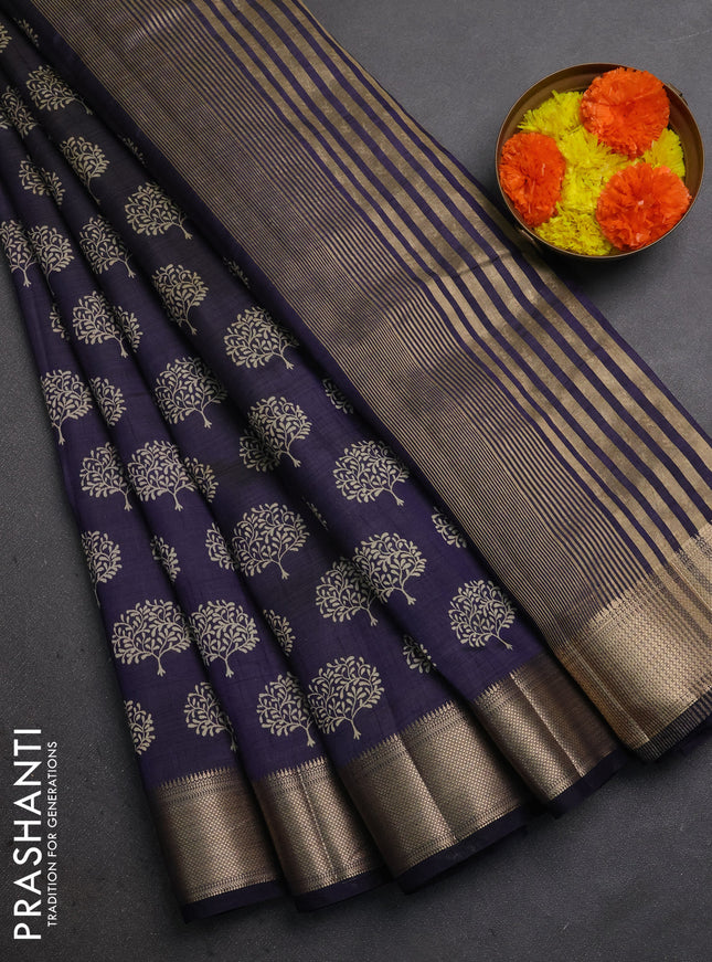 Semi raw silk saree navy blue with allover butta prints and zari woven border