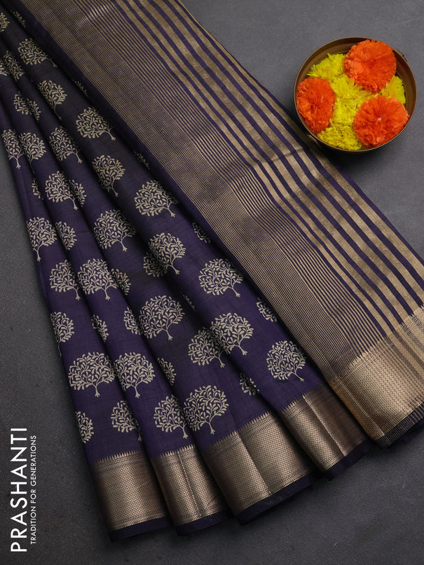 Semi raw silk saree navy blue with allover butta prints and zari woven border