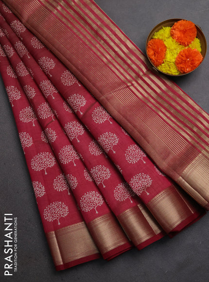 Semi raw silk saree maroon with allover butta prints and zari woven border