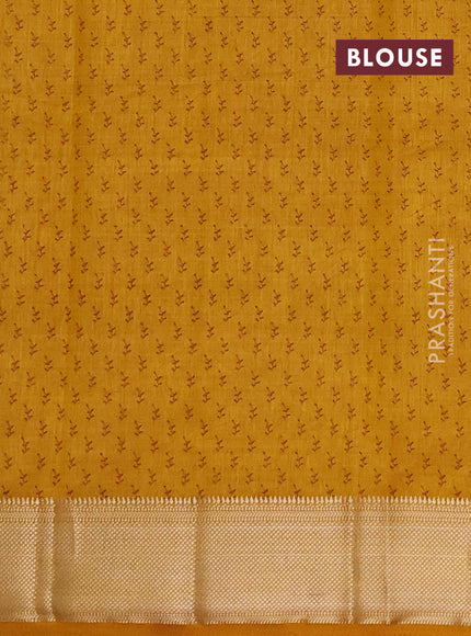 Semi raw silk saree dark mustard with allover butta prints and zari woven border